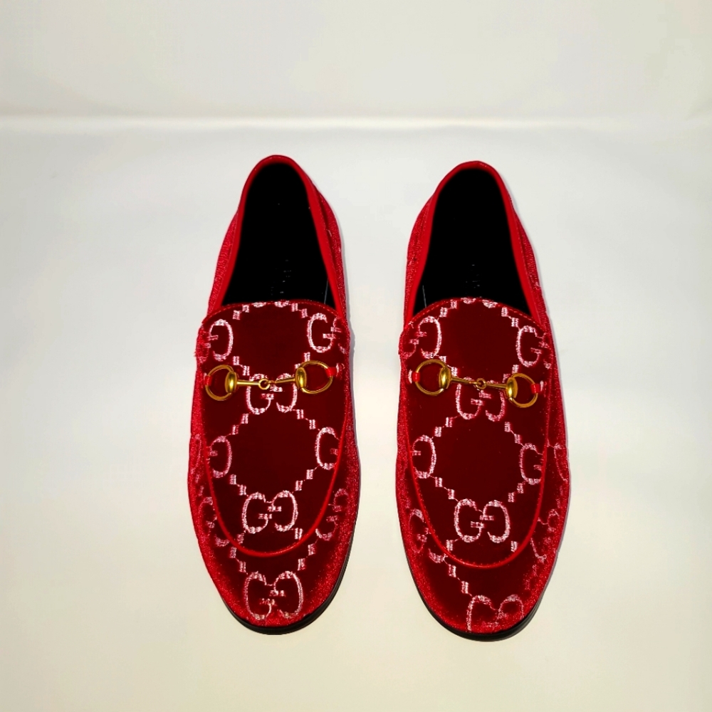 Gucci GG Logo Flats Velvet Red Loafers Size 39 Size 9 USA